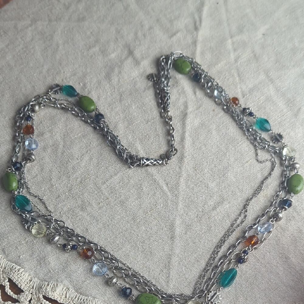 Boho Multi Strand Necklace Green Stone Bead Layered Artisan Style Earth Tone